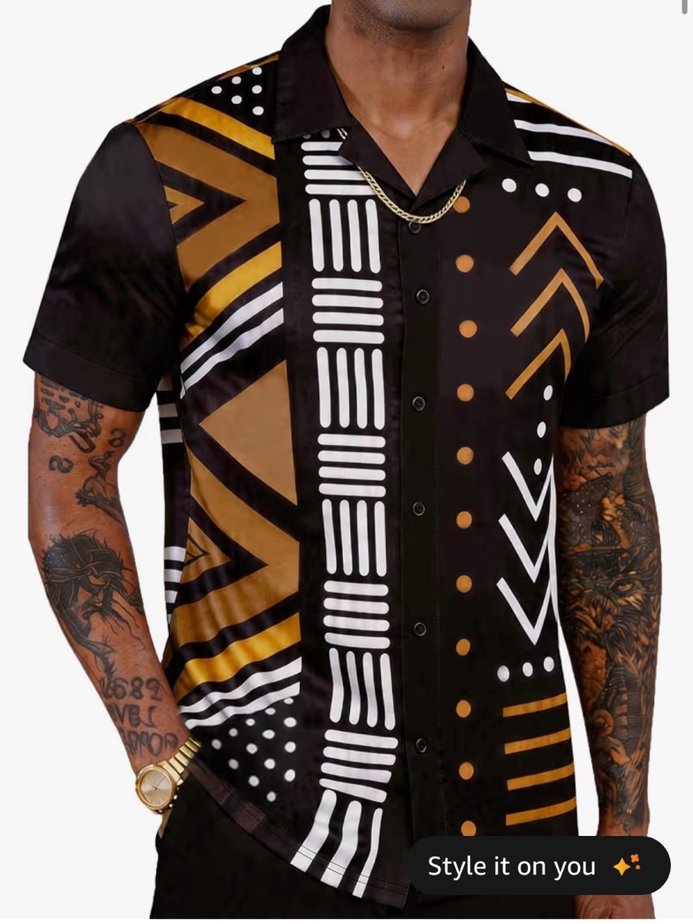 Men's Black Short-Sleeve Button Shirt with Gold Geometric Print
